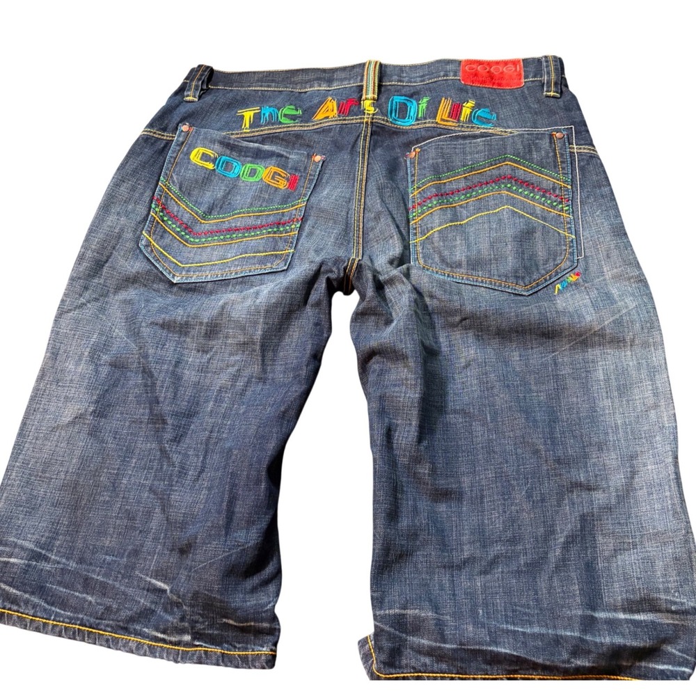Coogi Y2K Jorts Embroidered Denim Shorts Mens 40 Blue Multi-Color 026-026618K‎